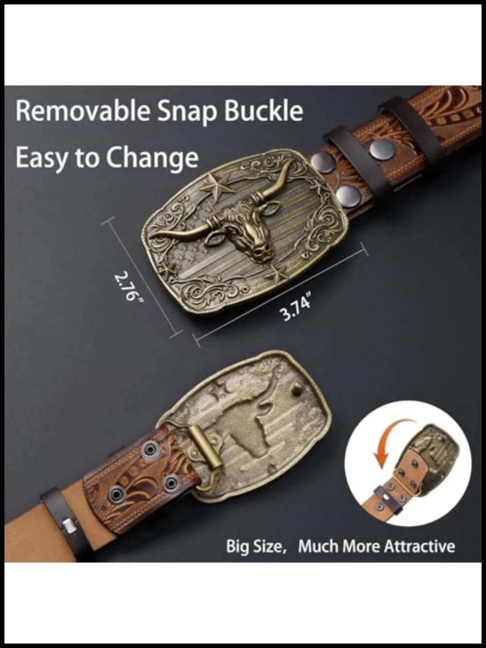 Men's Cowhide Leather Western Belt with Engraved Zinc Alloy Buckle